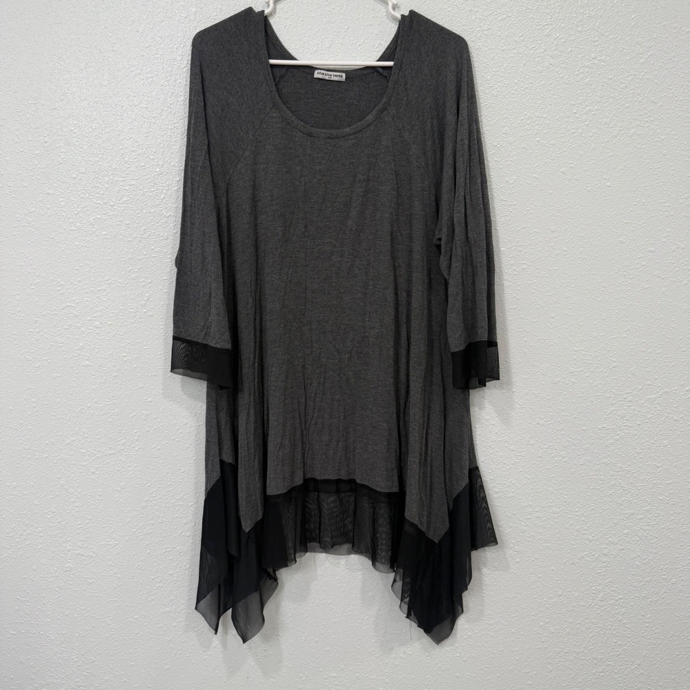 Cha Cha Vente Women 2X Gray Mesh Trim Sharkbite Hem Tunic Top 3/4 Sleeve W19